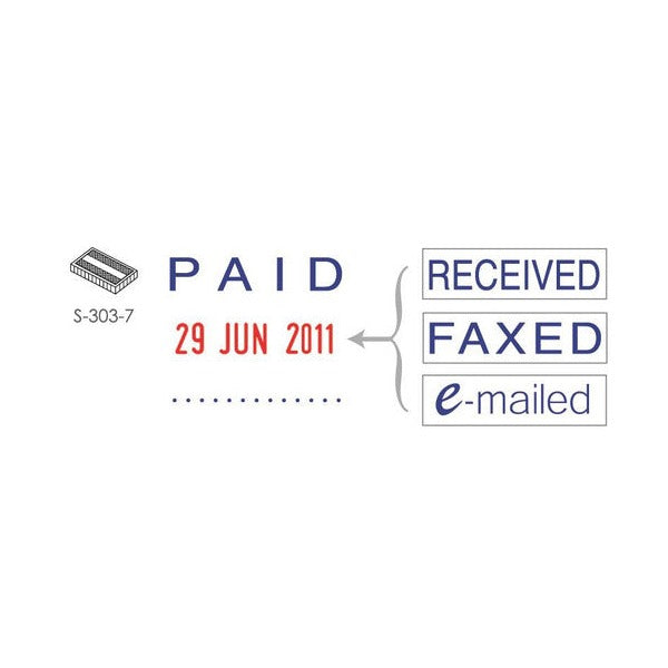 Shiny S-303 impression card: PAID with a red date 29 JUN 2011 and dotted line, arrows to RECEIVED, FAXED and e-mailed options, and the pad marked S-303-7