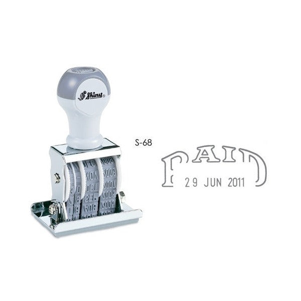 Shiny die plate date stamp S-68 with grey handle and chrome frame, next to a sample impression of PAID in arched outline letters over 29 JUN 2011