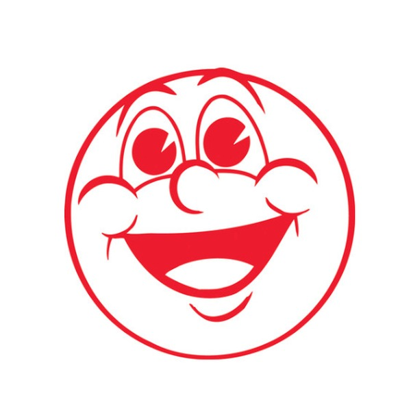 Red Shiny merit stamp print of a grinning cartoon face with goggle eyes, round puffed cheeks and an open laughing mouth in a circle