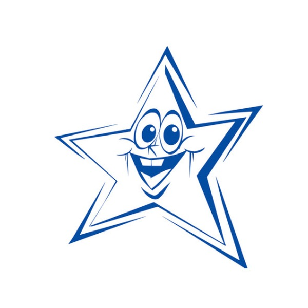 Blue Shiny merit stamp impression: a five-pointed star with a double outline and a grinning cartoon face with big eyes in the middle