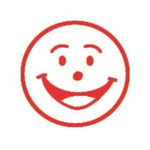 Red Shiny merit stamp impression of a smiley face inside a circle, with dot eyes below raised eyebrows, a round nose and a broad open smile