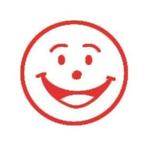 Red Shiny merit stamp impression of a smiley face inside a circle, with dot eyes below raised eyebrows, a round nose and a broad open smile