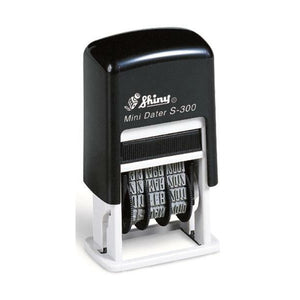 Shiny Mini Dater S-300 self-inking date stamp with a black top printed with the Shiny logo and model name, white frame and small date bands
