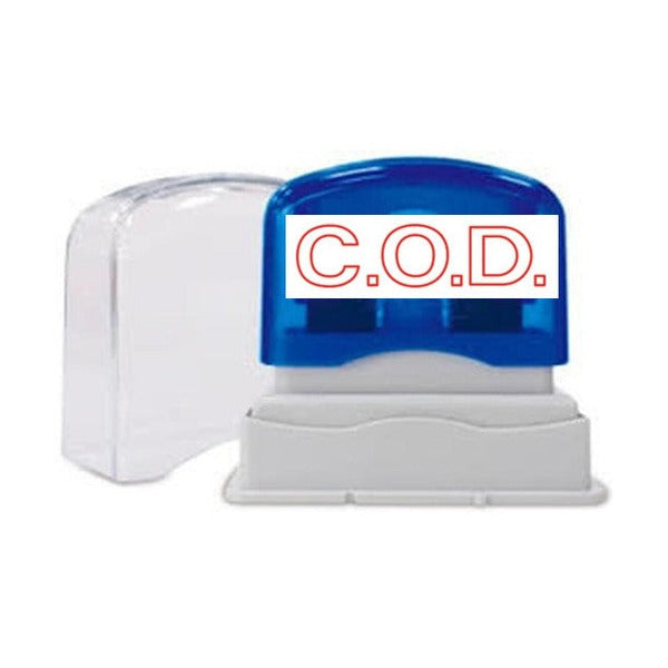 Shiny pre-inked stamp with a blue top showing a C.O.D. label in red outline letters, a grey base and a clear cover standing beside it