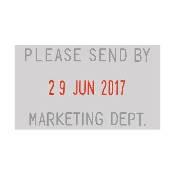Sample impression from the Shiny 9S421 dater set: PLEASE SEND BY in grey above a red date reading 29 JUN 2017 and MARKETING DEPT. below