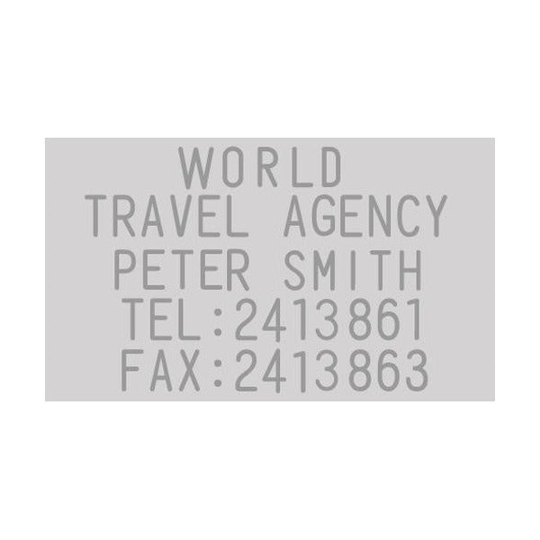 Sample impression from the Shiny 9S420 kit: five lines of grey 4mm capitals reading a travel agency name, contact name, phone and fax number