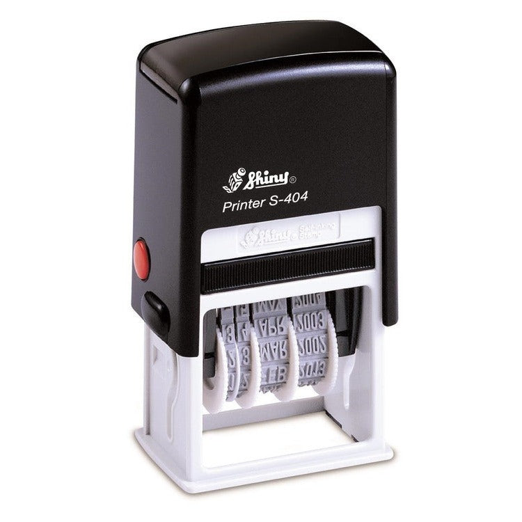 Shiny Printer S-404 APPROVED self-inking date stamp with black body, red side button and white frame, the rubber date bands visible at the bottom