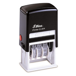 Shiny Printer S-404 APPROVED self-inking date stamp with black body, red side button and white frame, the rubber date bands visible at the bottom