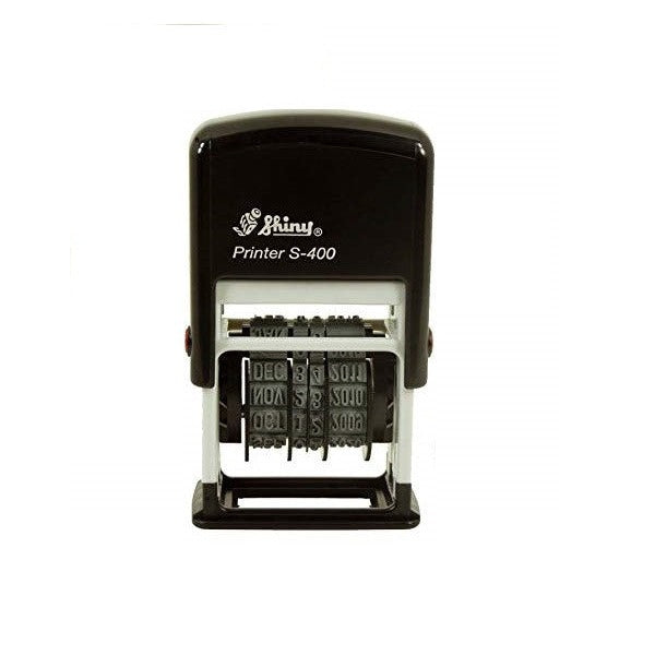 Shiny Printer S-400 self-inking date stamp in black and white, seen from the front with the Shiny logo, model name and the rubber date bands showing day, month and year