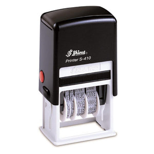 Shiny Printer S-410 EMAILED date stamp, a black self-inking housing with Shiny branding, red side button and white frame around the date bands