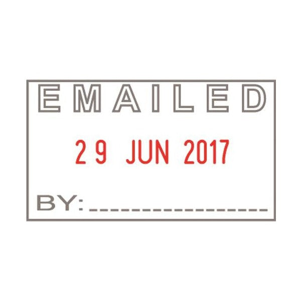 Shiny S-410 sample impression: EMAILED in spaced outline capitals inside a border, red date 29 JUN 2017 and BY: followed by a dotted line