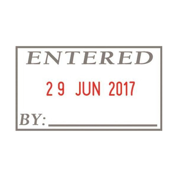 Shiny S-407 sample impression inside a border: ENTERED in italic serif capitals, red date 29 JUN 2017 and a solid BY: line