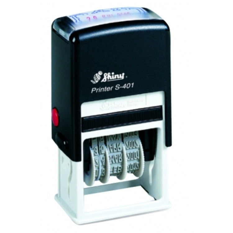 Shiny Printer S-401 self-inking PAID date stamp in a black housing with a red side button, white lower frame and grey date bands showing at the base