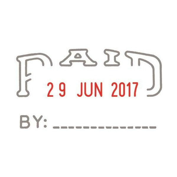 Sample impression card for the Shiny S-401: outline PAID heading with bracket ends, a red date reading 29 JUN 2017 and a BY: line underneath