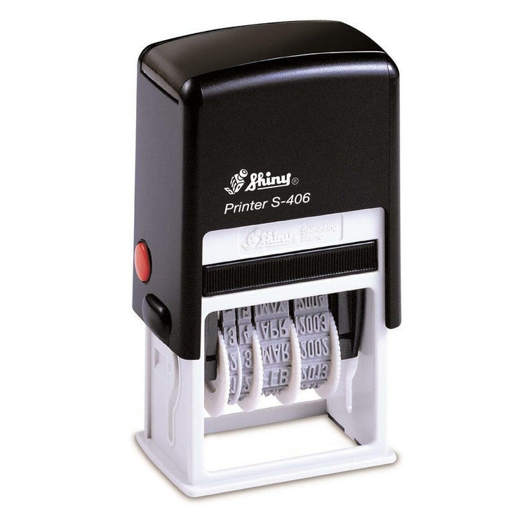Shiny Printer S-406 POSTED self-inking stamp, black top with the Shiny logo and model name, red button on the side and white base frame over the date bands