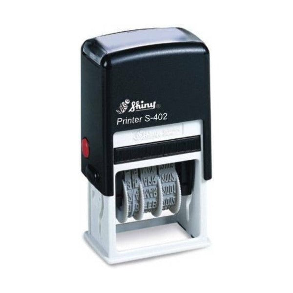Shiny Printer S-402 RECEIVED date stamp, black self-inking housing with the Shiny logo, a red side button and the date bands visible inside the white frame