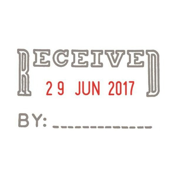 Shiny S-402 sample impression: RECEIVED in outline capitals with bracket ends, red date 29 JUN 2017 in the middle and a BY: line at the bottom