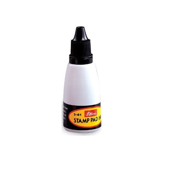Shiny 9S61 supreme ink, white bottle with a black nozzle cap and a yellow and red label marked S-61 STAMP PAD INK