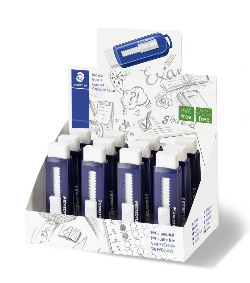 Staedtler counter display box holding twelve 525 PS slide erasers upright, blue sleeves with white erasers and sliders, PVC free and latex free badges on the header