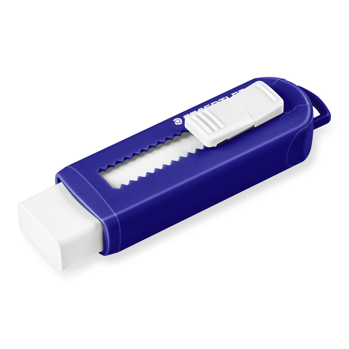 Single Staedtler 525 PS1 slide eraser, blue plastic sleeve with a white slider and end loop, white eraser extended at the front