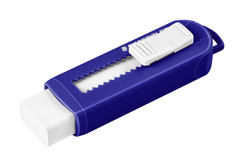Staedtler 525 PS1 slide eraser seen side on, showing the toothed window in the blue sleeve and the white slider