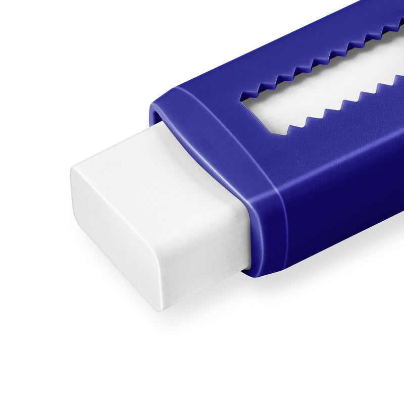Close view of the white eraser tip projecting from the blue 525 PS sleeve