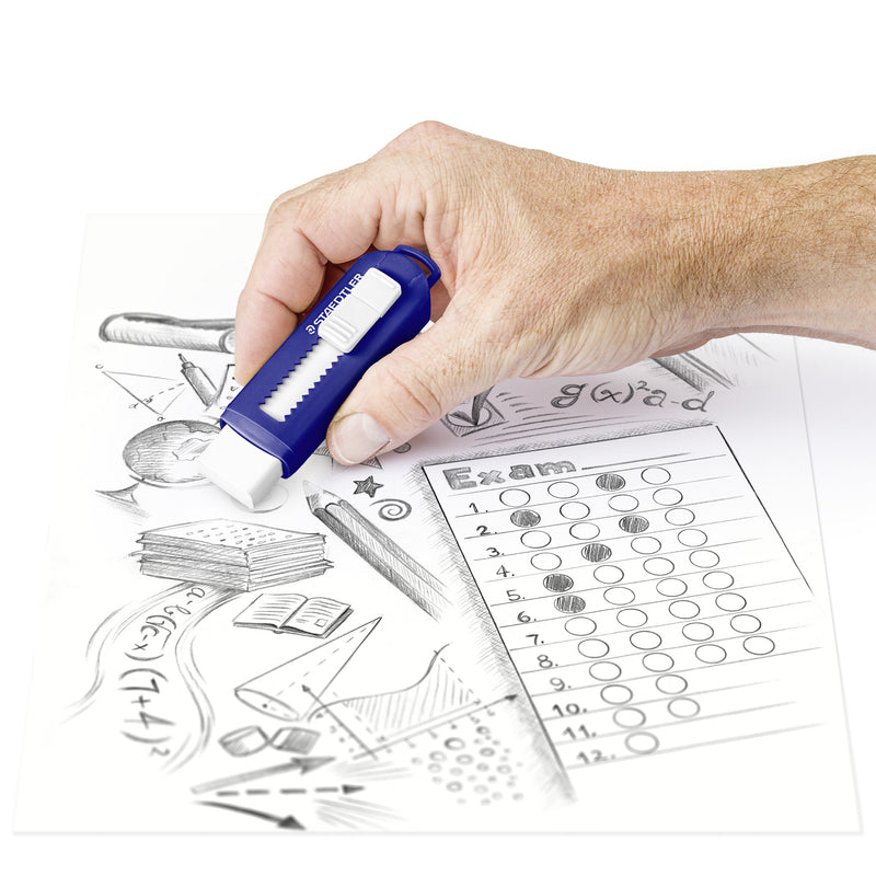 Hand using a blue Staedtler slide eraser to correct pencil marks on an exam answer sheet with a sketched pencil and books