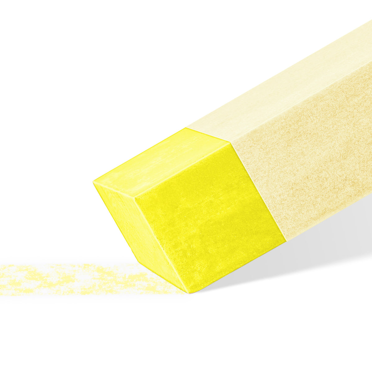 Macro view of a yellow pastel stick corner making a dusty yellow stroke across white paper