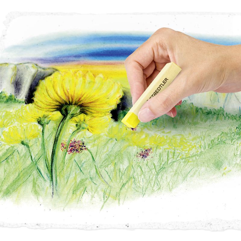 Hand blending a yellow Staedtler soft pastel stick into a sunflower landscape drawing