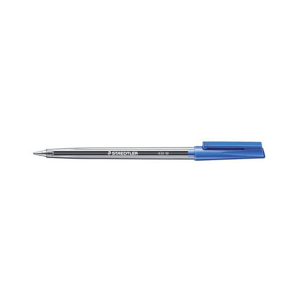 Single Staedtler stick 430 medium ballpoint with a clear hexagonal barrel and a blue cap and clip