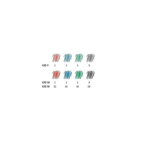 Staedtler colour chart for the 430 F and 430 M ballpoints with scribbles in red, blue, green and black, colour numbers 2, 3, 5 and 9