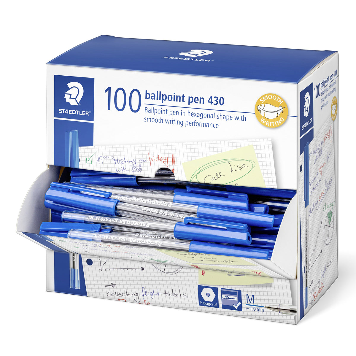 Staedtler dispenser box of 100 ballpoint pen 430 with the front flap folded open to show rows of blue capped pens, smooth writing badge on the corner and M line mark on the base