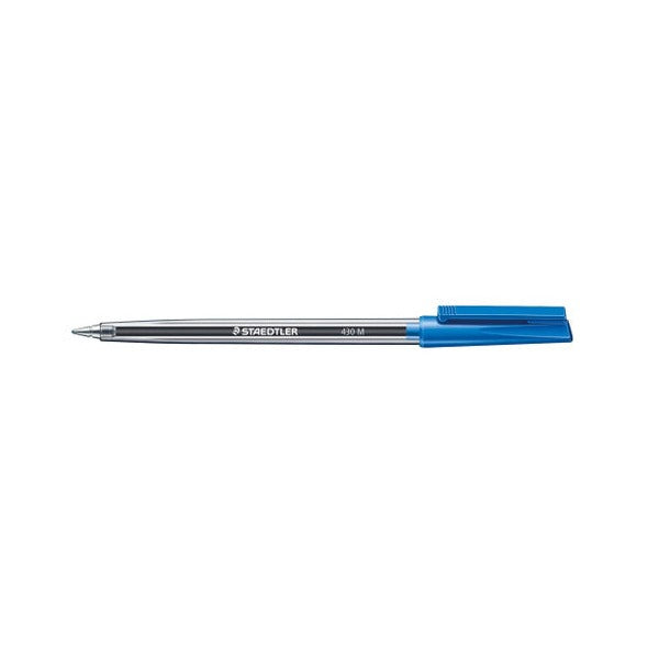 Blue capped Staedtler stick 430 M ballpoint seen from the cap end, clip lying along the clear printed barrel