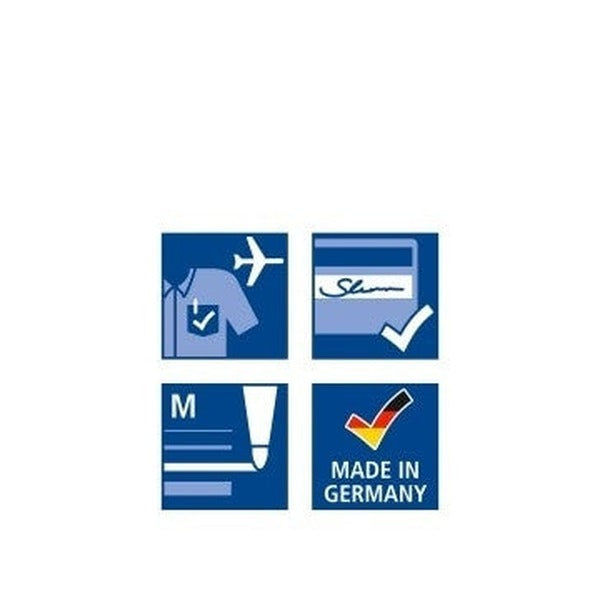 Four Staedtler pictogram tiles on navy: an aeroplane over a shirt, a signature with a tick, an M line width and a country of origin tile