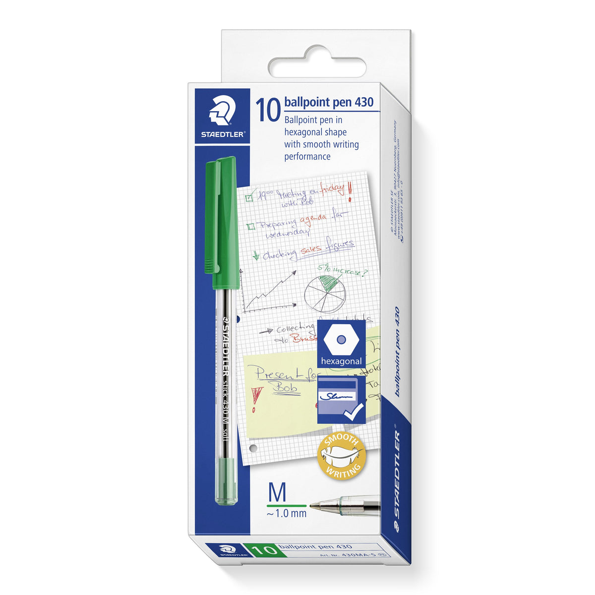 Staedtler hanging box of 10 ballpoint pen 430 with a green capped clear barrel pen down the front, hexagonal, signature and smooth writing badges and a M ~1.0 mm line mark