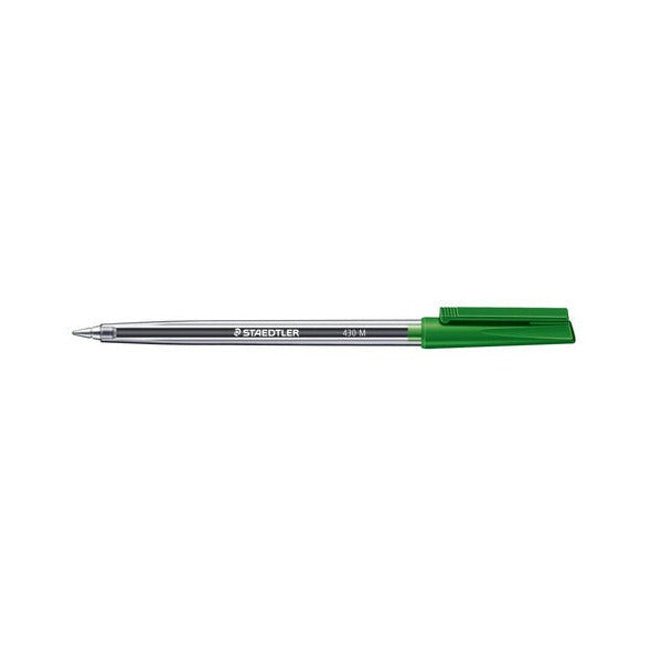 Single Staedtler stick 430 M ballpoint lying flat, clear barrel with the Staedtler name and a green cap with clip