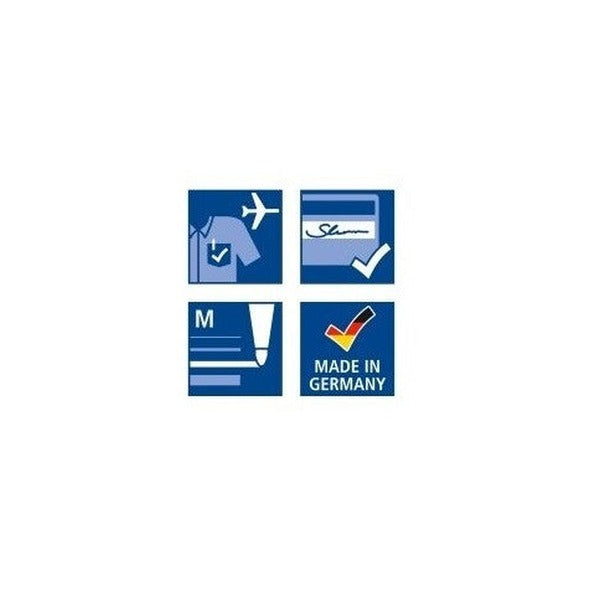 Four Staedtler pictogram tiles on navy: an aeroplane over a shirt, a signature with a tick, an M line width and a country of origin tile