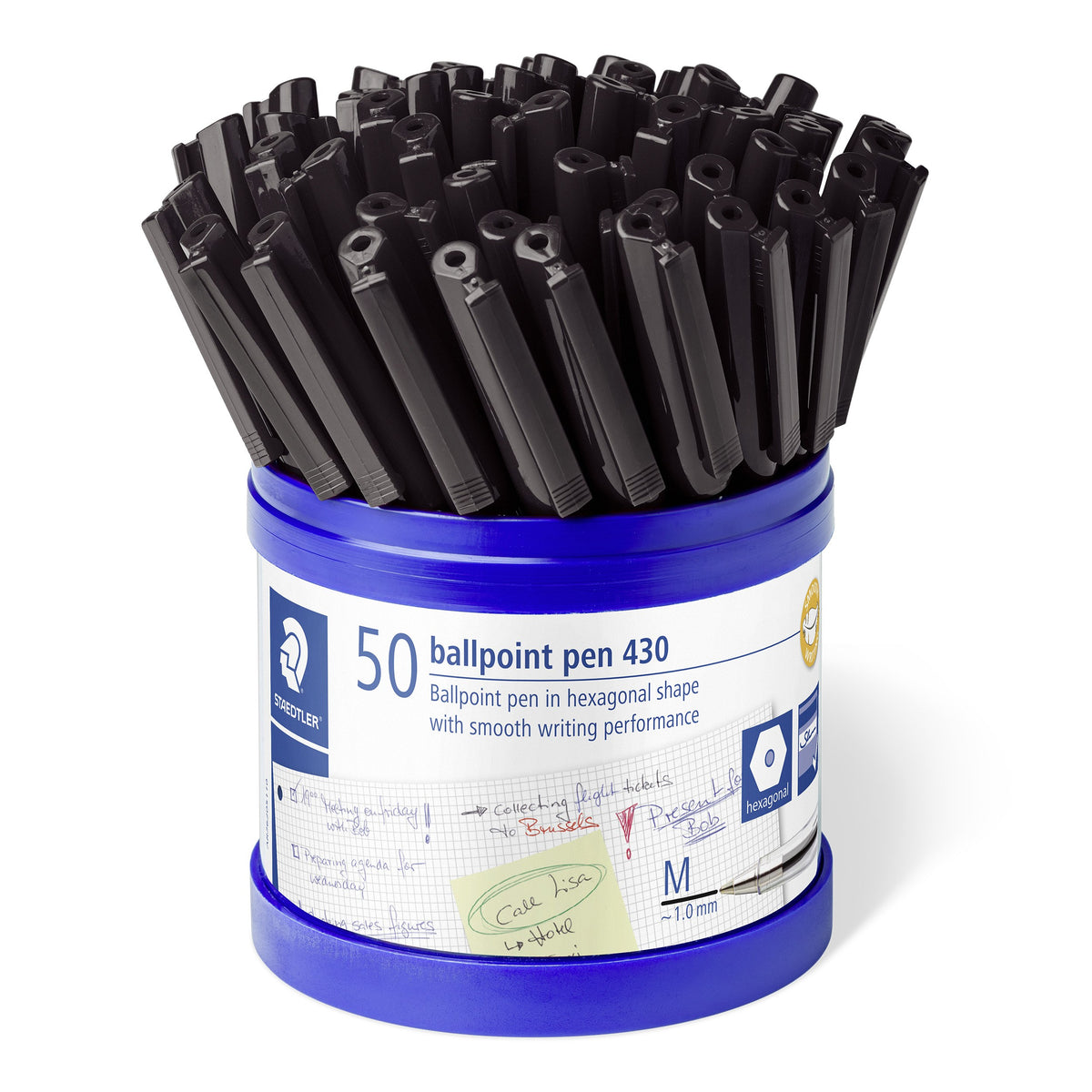 Staedtler round cup of 50 ballpoint pen 430, label reading ballpoint pen in hexagonal shape with smooth writing performance, M ~1.0 mm mark, filled with black capped pens