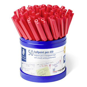 Staedtler round cup of 50 ballpoint pen 430, label reading ballpoint pen in hexagonal shape with smooth writing performance, M ~1.0 mm mark, filled with red capped pens