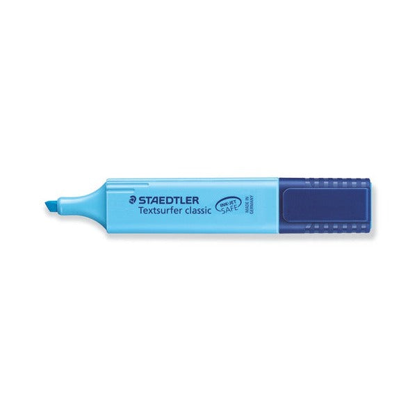 Blue Staedtler Textsurfer classic 364-3 uncapped, chisel tip at the left and INK JET SAFE logo on the barrel