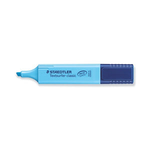 Blue Staedtler Textsurfer classic 364-3 uncapped, chisel tip at the left and INK JET SAFE logo on the barrel