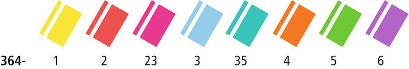 Staedtler colour chart for Textsurfer classic 364: yellow 1, red 2, pink 23, blue 3, turquoise 35, orange 4, green 5 and violet 6