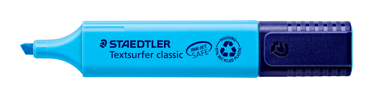Blue Staedtler Textsurfer classic 364 highlighter lying flat, showing the blue barrel and navy twist cap