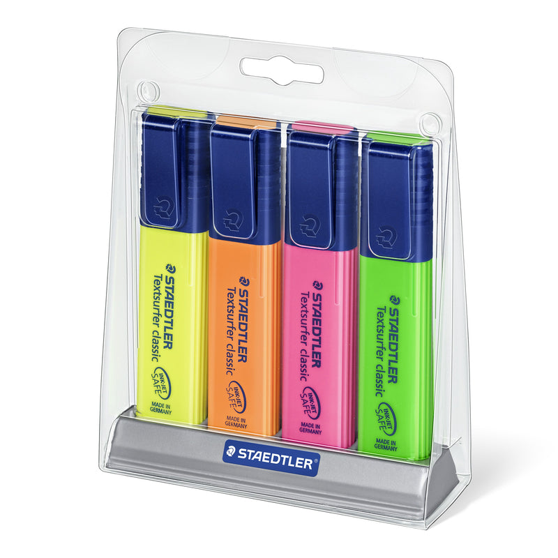 Staedtler 364 SC4 in its clear blister: yellow, orange, pink and green Textsurfer classic highlighters standing in a grey desk stand