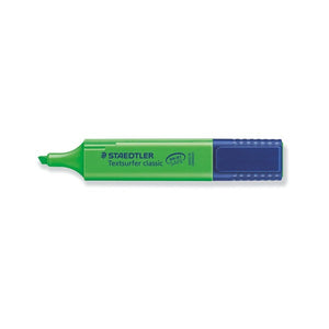 Green Staedtler Textsurfer classic 364-5 without its cap, chisel tip on the left and INK JET SAFE mark on the green barrel
