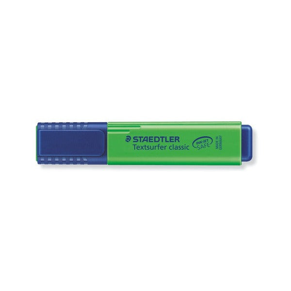 Green Textsurfer classic highlighter with its navy twist cap fitted, Staedtler print along the barrel