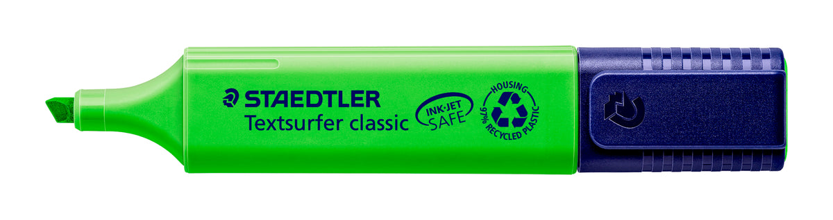 Green Staedtler Textsurfer classic 364 highlighter lying flat, showing the green barrel and navy twist cap