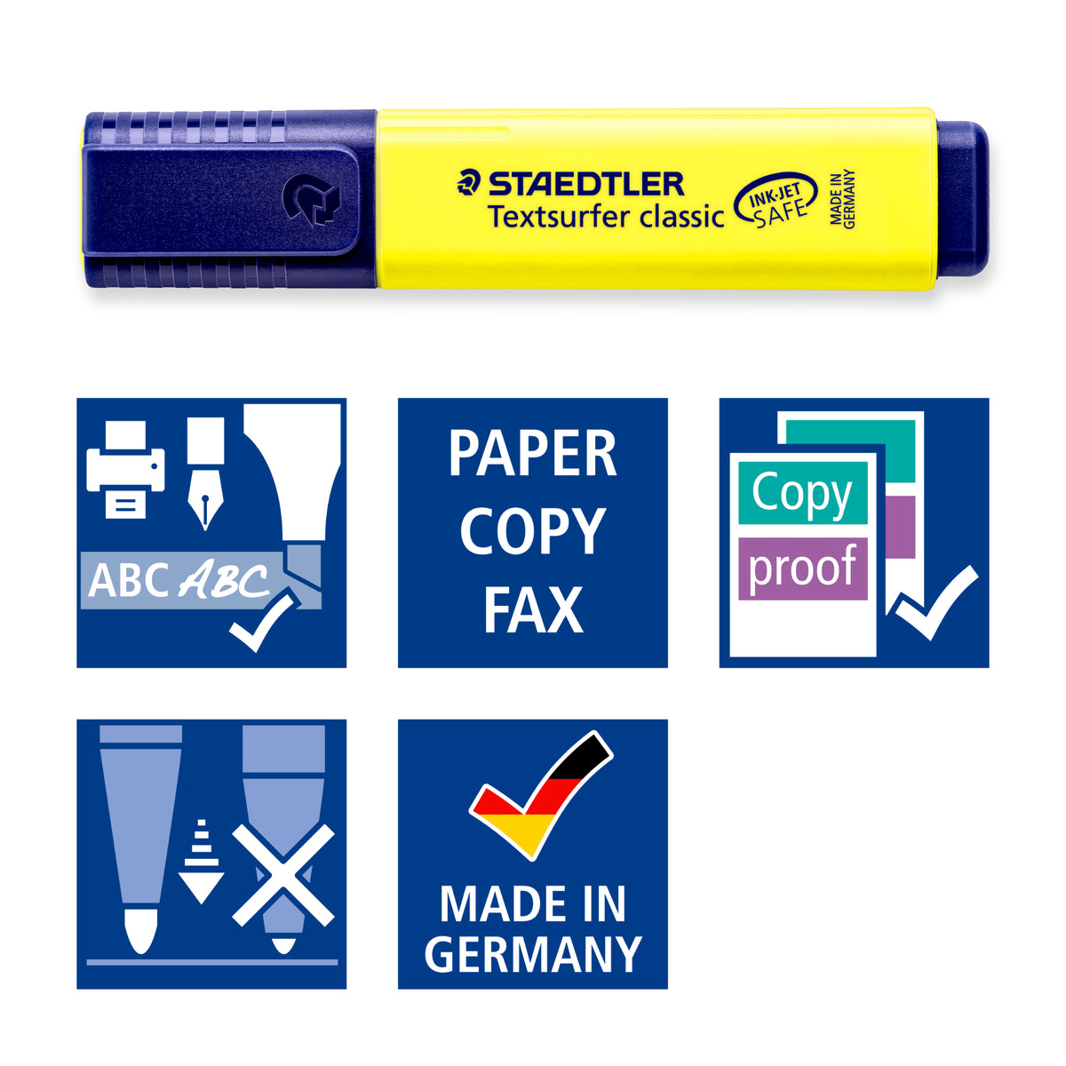 Textsurfer classic highlighter in yellow above range icons for inkjet safe, use on paper, copies and faxes, copy proof (violet and turquoise only) and Made in Germany