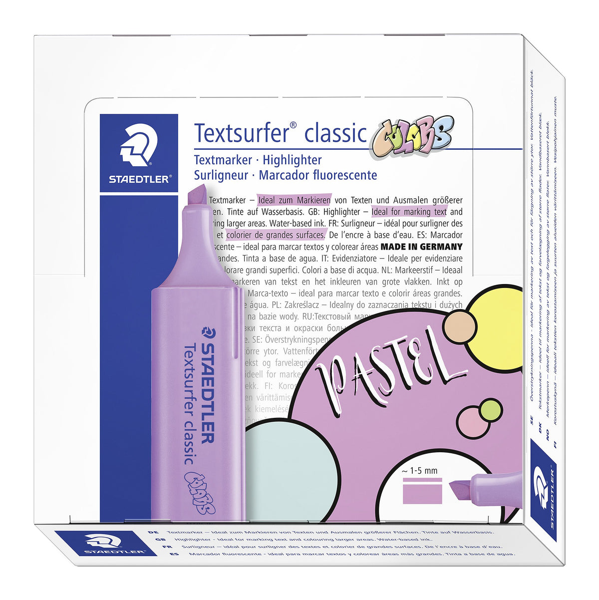 Staedtler Textsurfer classic COLORS box in lavender, PASTEL bubble artwork and a lavender highlighter printed on the front panel