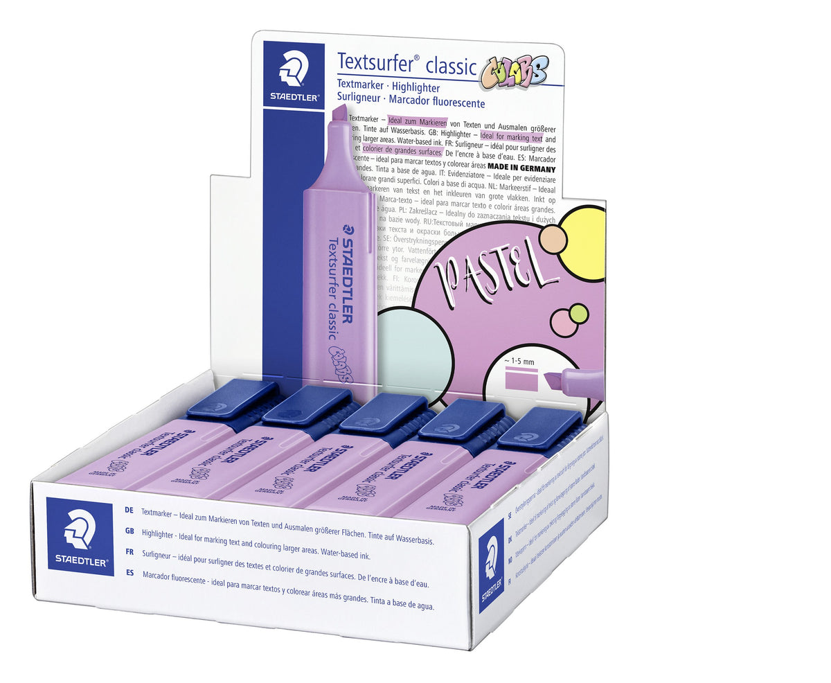 Opened Staedtler counter box filled with lavender Textsurfer classic pens, navy twist caps in a row and the lid card raised